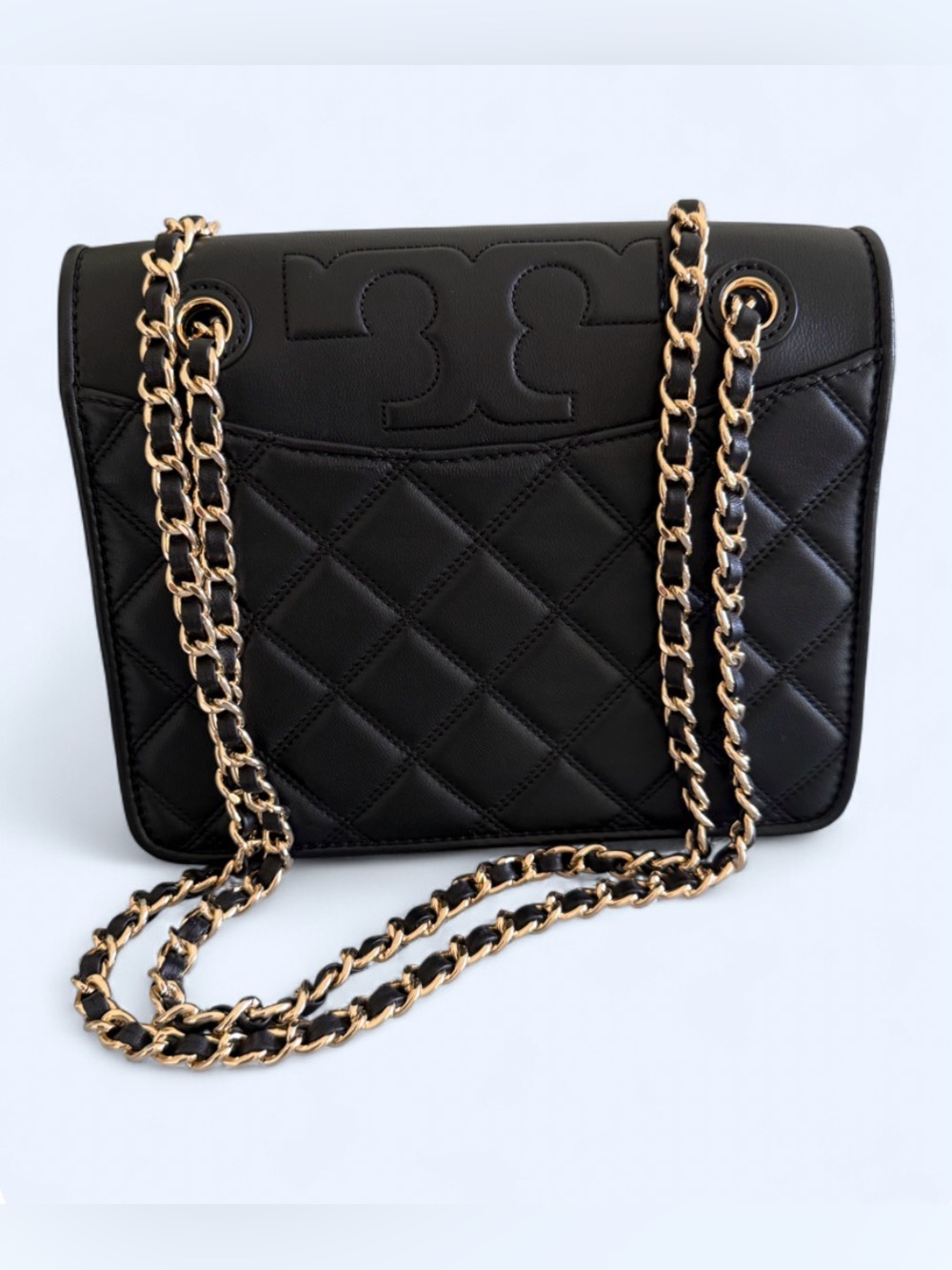 Tory Burch Savannah Black Quilted Leather Chain Shoulder Bag with Gold Hardware